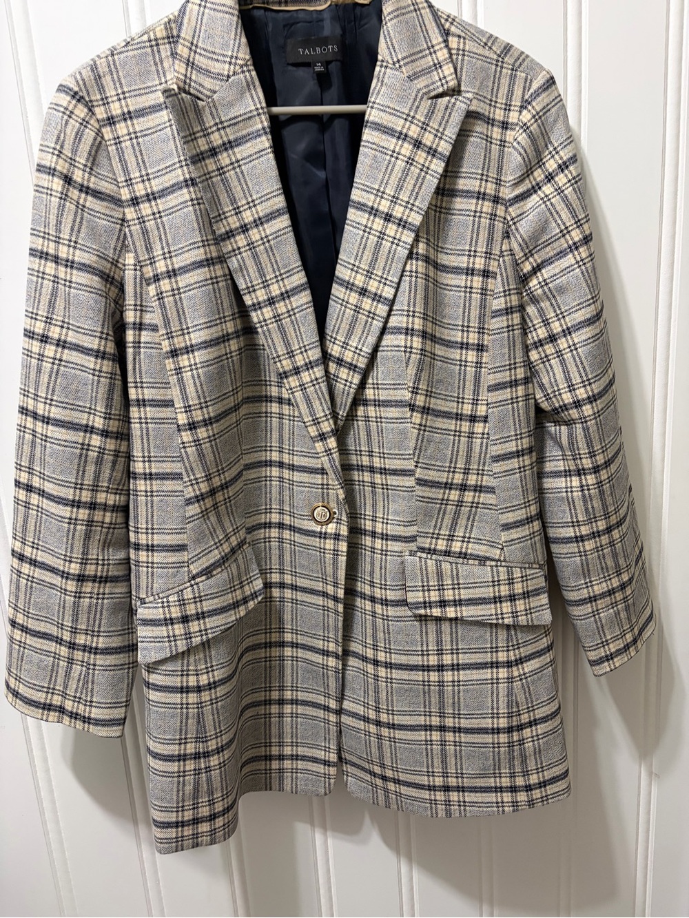 Talbots Foliage Plaid Long Blazer Blue Cotton Enamel Crest Buttons Size 14